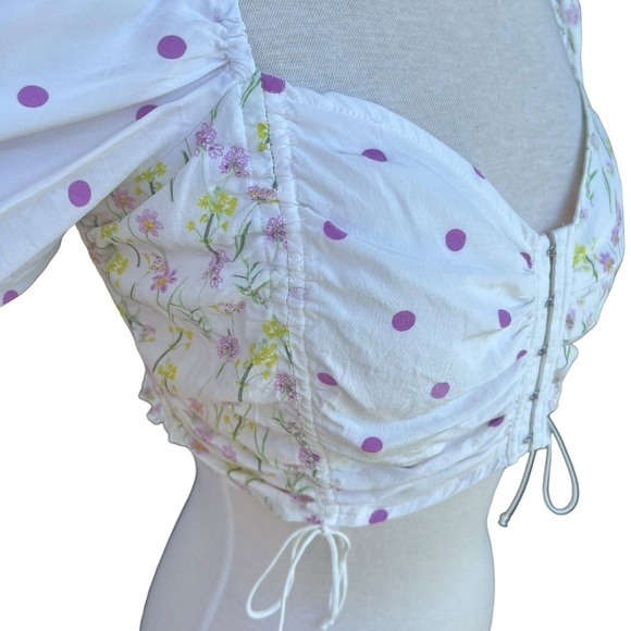 For Love & Lemons Strudel Floral Blouse Puff Sleeve Polka Dot Cropped Smocked LG - Picture 6 of 13